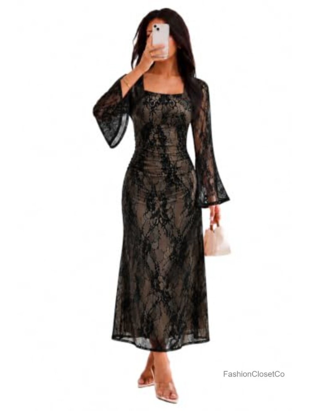 Sipaya Women's Bodycon Maxi Dress Long Sleeve Square Neck Formal Wedding Guest - Picture 3 of 5